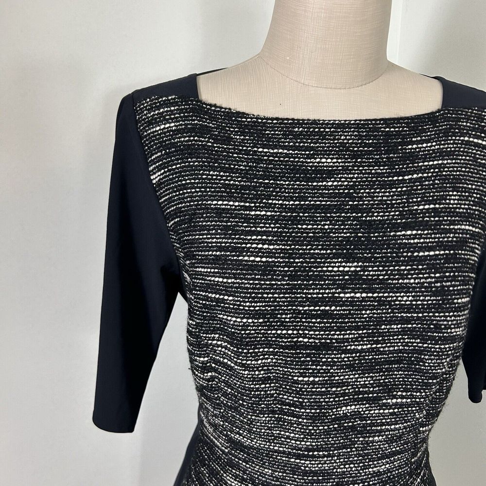 Tibi Womens Black Tweed Sheath Dress Short Sleeve Square Neck Lined Size 8 Fall - Picture 14 of 16